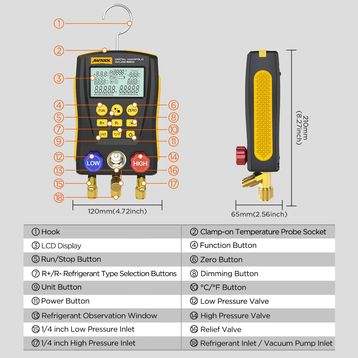 AUTOOL LM120+ Digital Refrigeration Pressure Gauge, Air Conditioning Temperature Detector, Multi-Function Vacuum Pressure Test Tool Kit