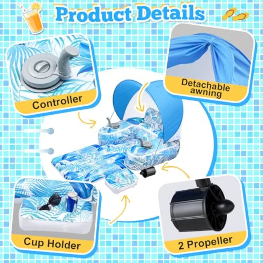 Yao Hui Huang Motorized Pool Float for Adults: PVC Navy Blue Detachable Canopy Dual Thrusters for Smooth Pool Lake Backyard Use
