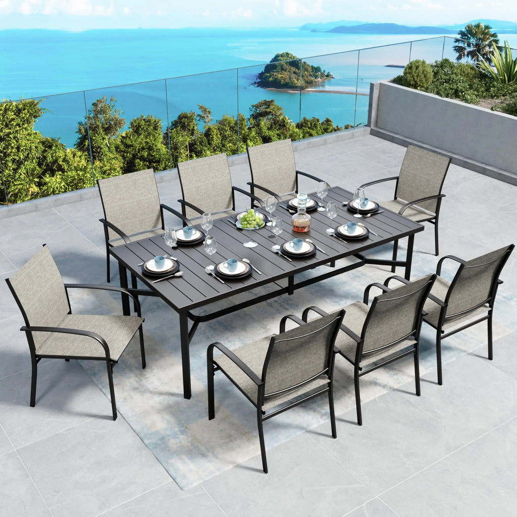 SUNSHINE VALLEY 5/9 Piece Patio Dining Set, Square Table with Umbrella Hole, 4 Metal Brown Chairs, Outdoor Table Chairs Set
