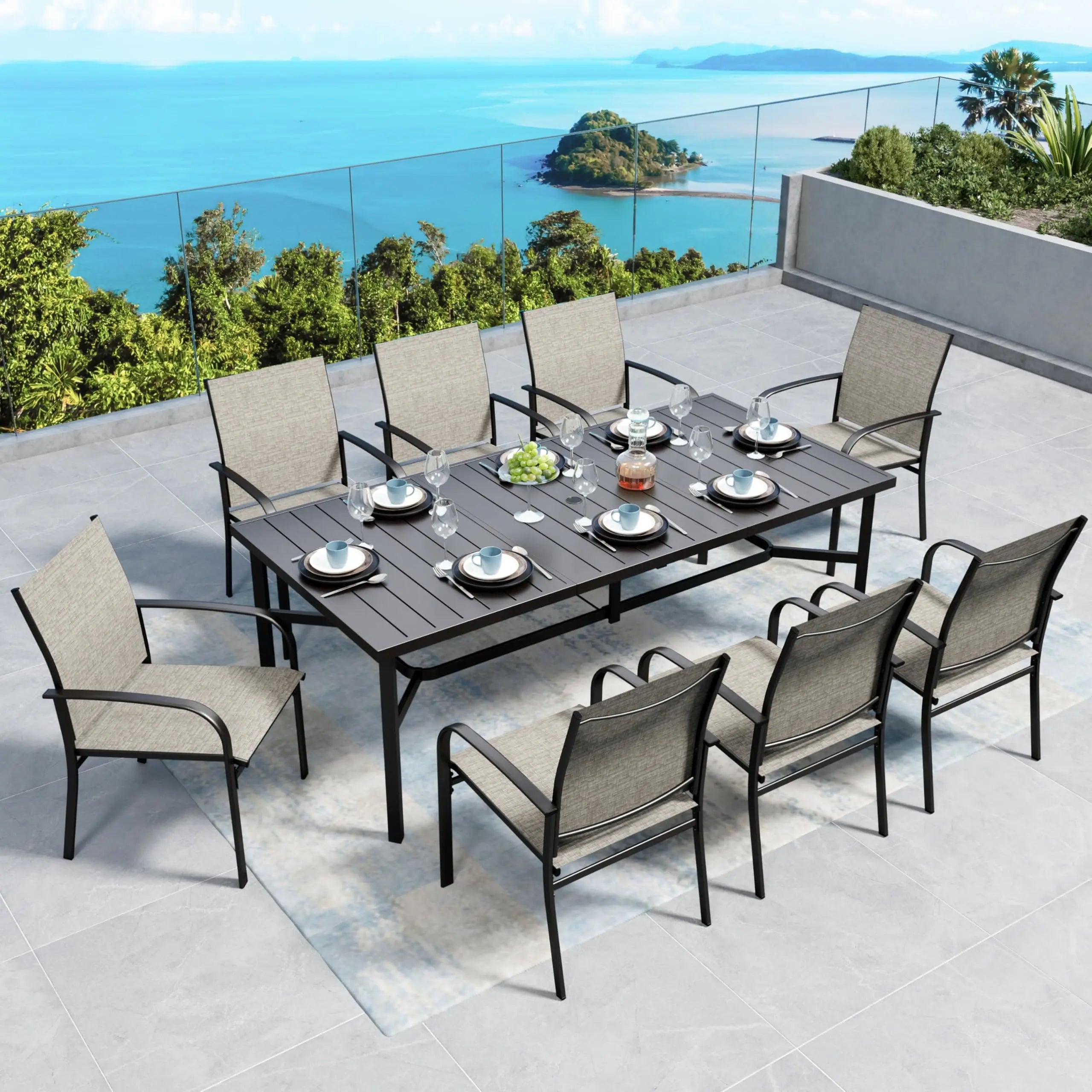 SUNSHINE VALLEY 5/9 Piece Patio Dining Set, Square Table with Umbrella Hole, 4 Metal Brown Chairs, Outdoor Table Chairs Set