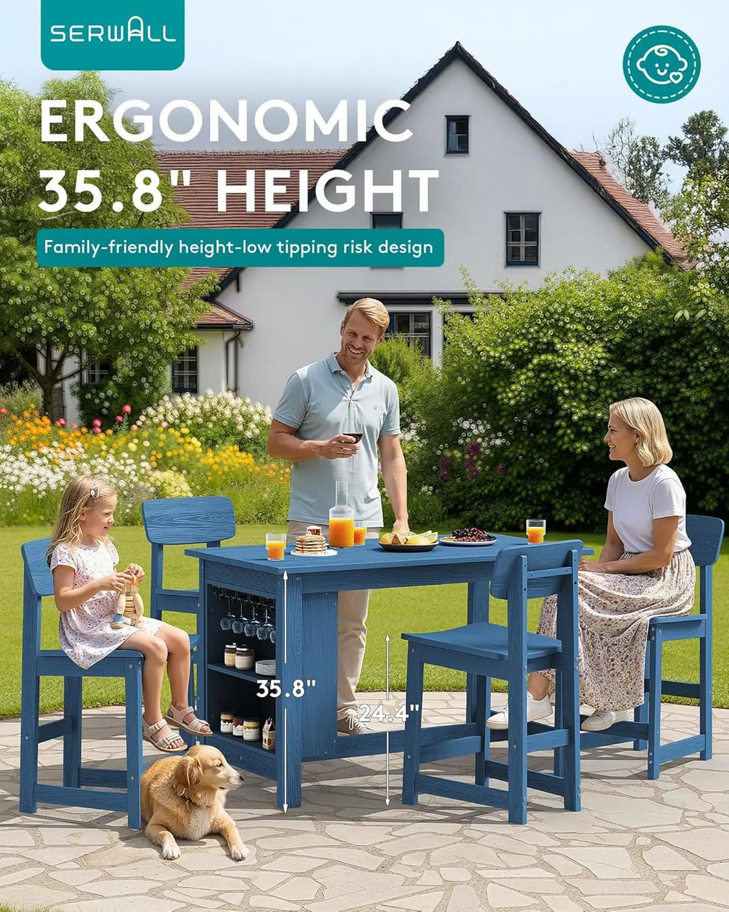5-Piece HDPE Counter Height Outdoor Bar Table Set with Storage Wine Rack 4 Stools Garden Backyard Patio, Customized