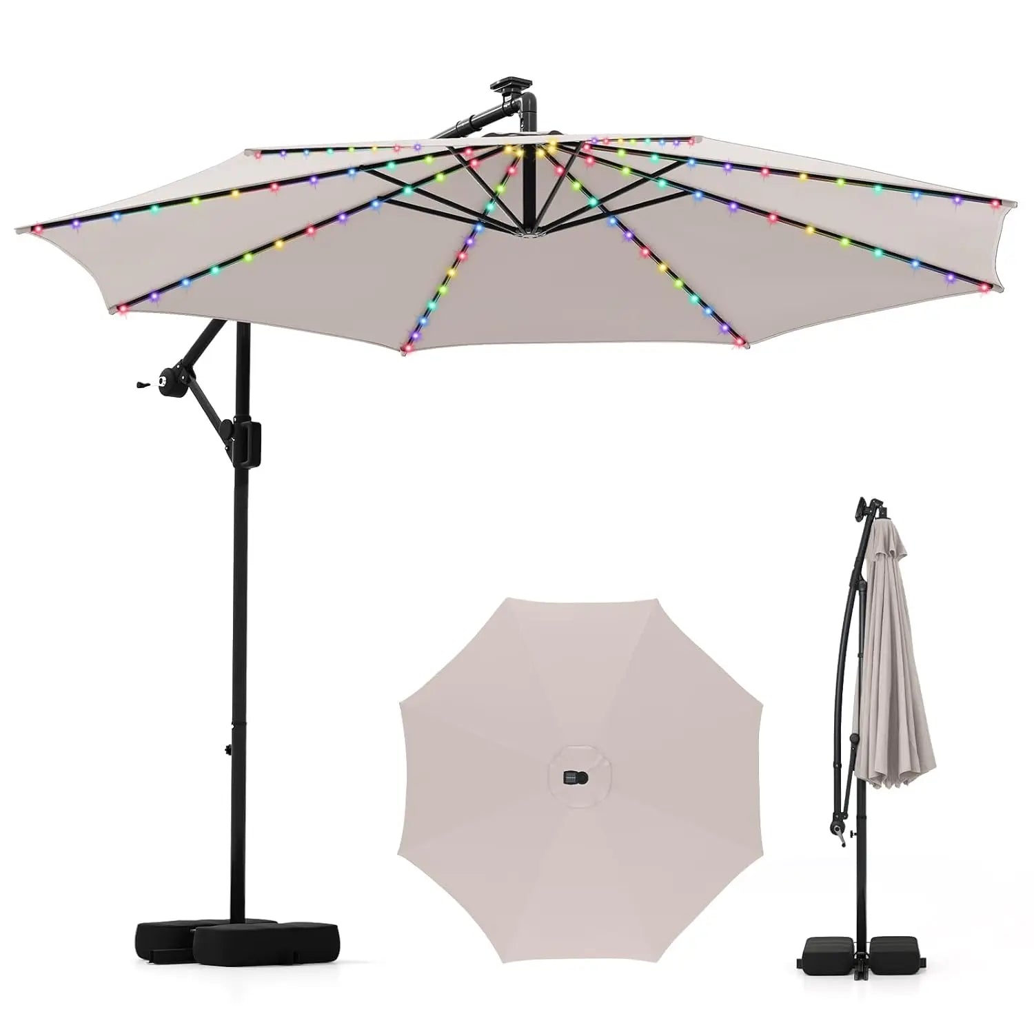 10 FT Solar Patio Umbrella with Base Included, Cantilever Offset Hanging Outdoor Umbrella with 96 Multi-Colored Solar Lights