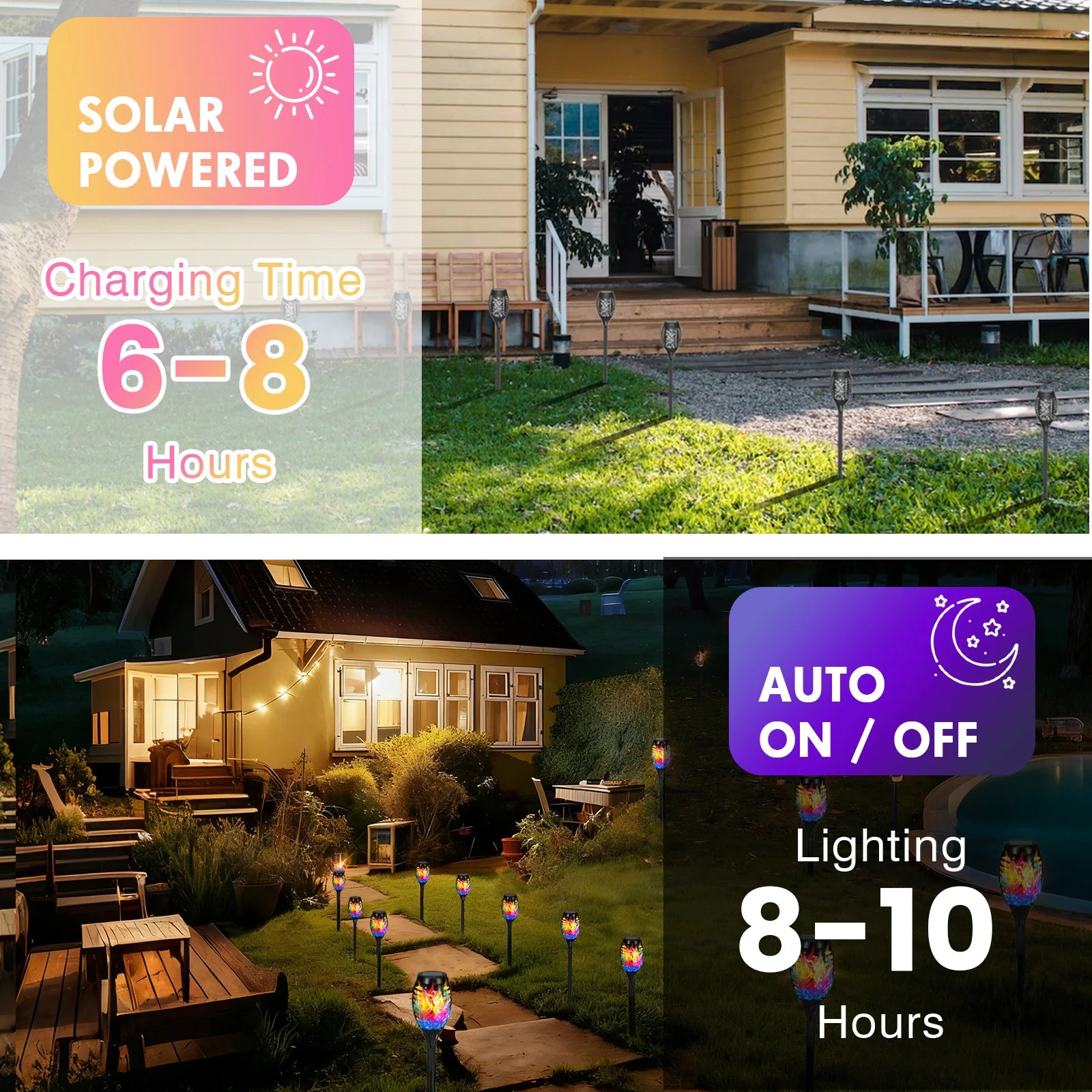 Colorful Torchlights, Solar, LED. 20" Tall, Outdoor, Waterproof, 4/6/8/12 Packs