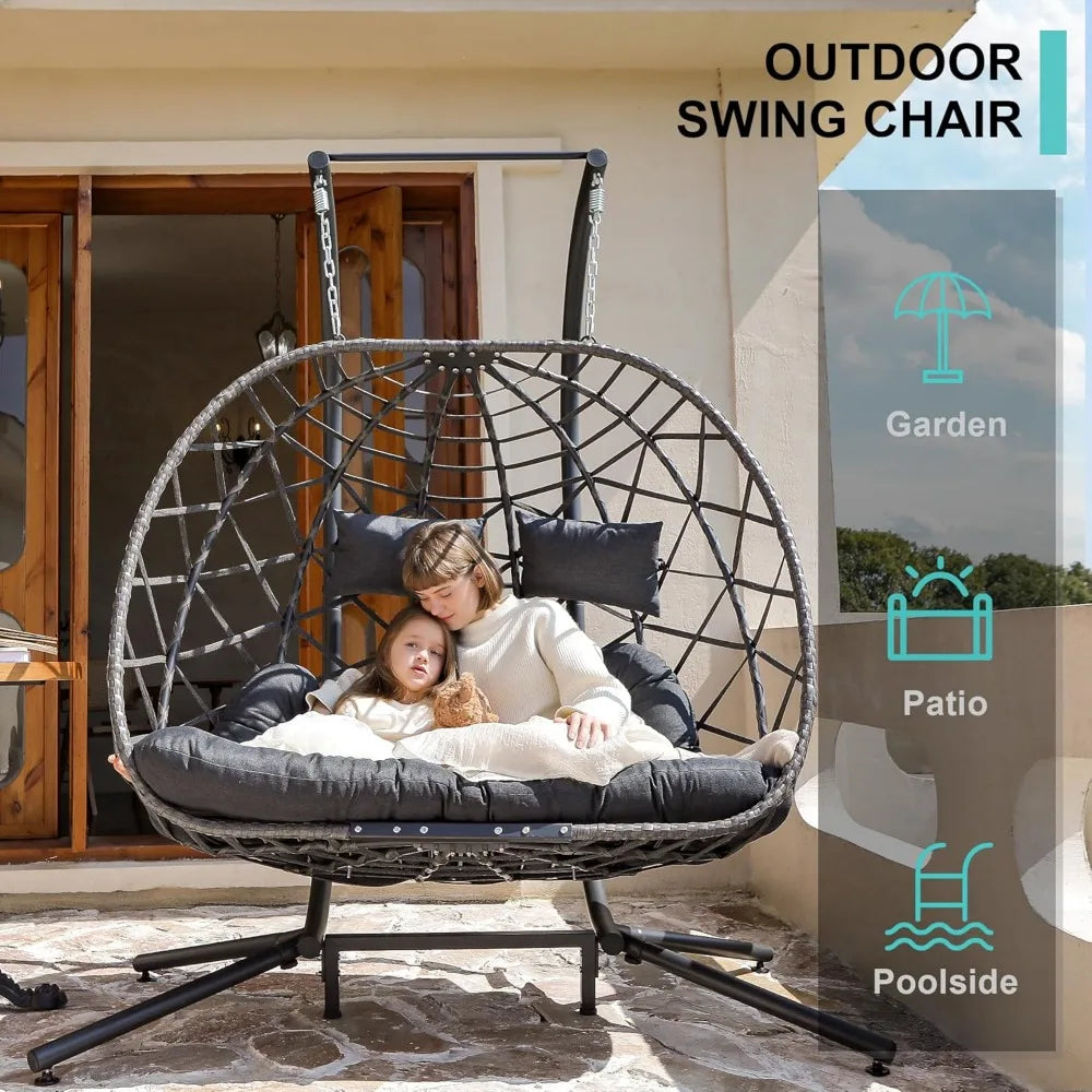 Double Egg Swing Chair with Stand, 2 Person Outdoor Indoor Hammock Hanging with Cushion for Patio Living Room 550 LBS
