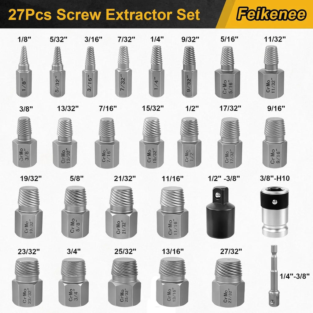Feikenee 27PCS Screw Extractor Set, Upgrade Bolt Extractor Kit, Easy Out Screw Extractor Set, CR-MO Steel Heavy Duty Hex Head Multi-Spline for Damaged Bolts, Screws and Studs