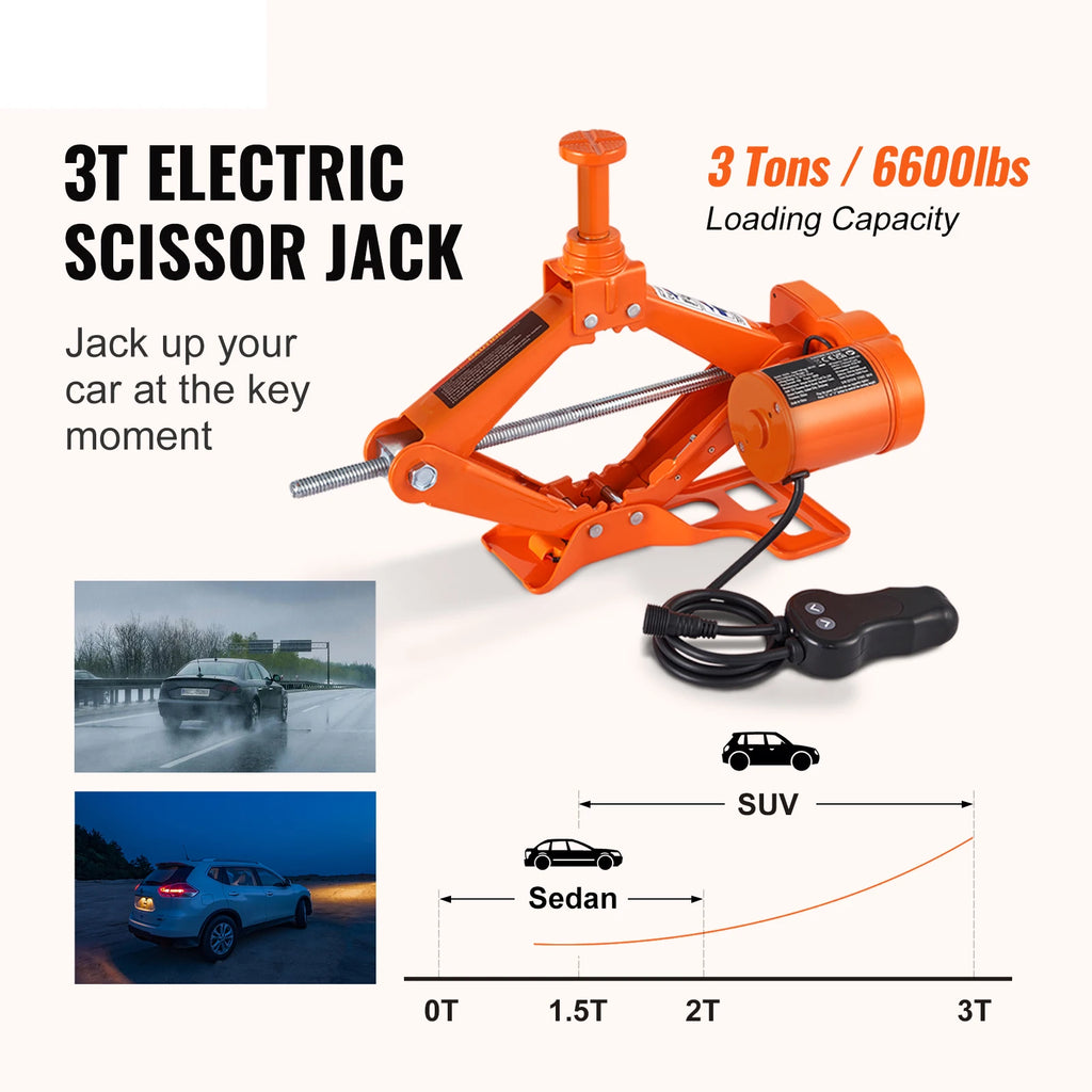 Electric Car Jack, 3 Ton Scissor/Hydraulic Jack, 12V Electric, Automatic, Carrying Case