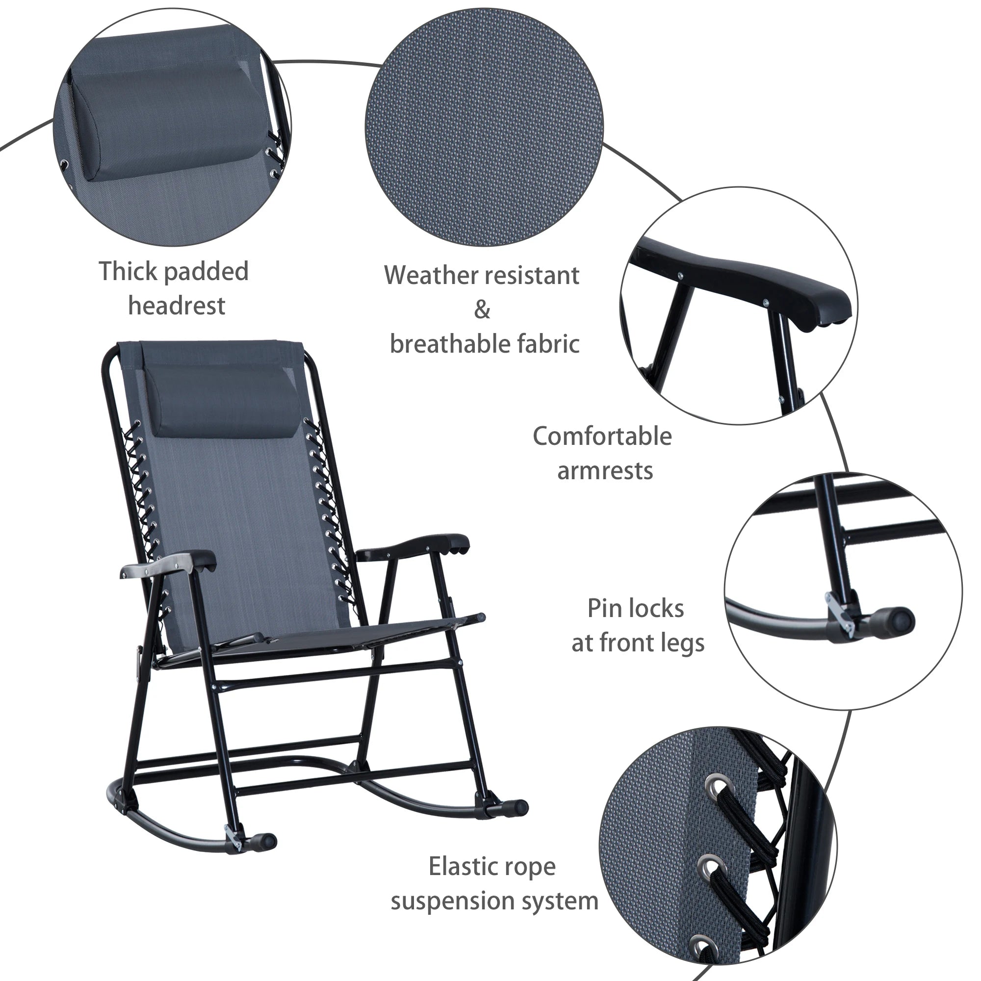 Outdoor Folding Rocking Chair Patio Table Seating Set, 2 Rocking Chairs with Armrests and 1 Side Table with Tempered Glass - Gray