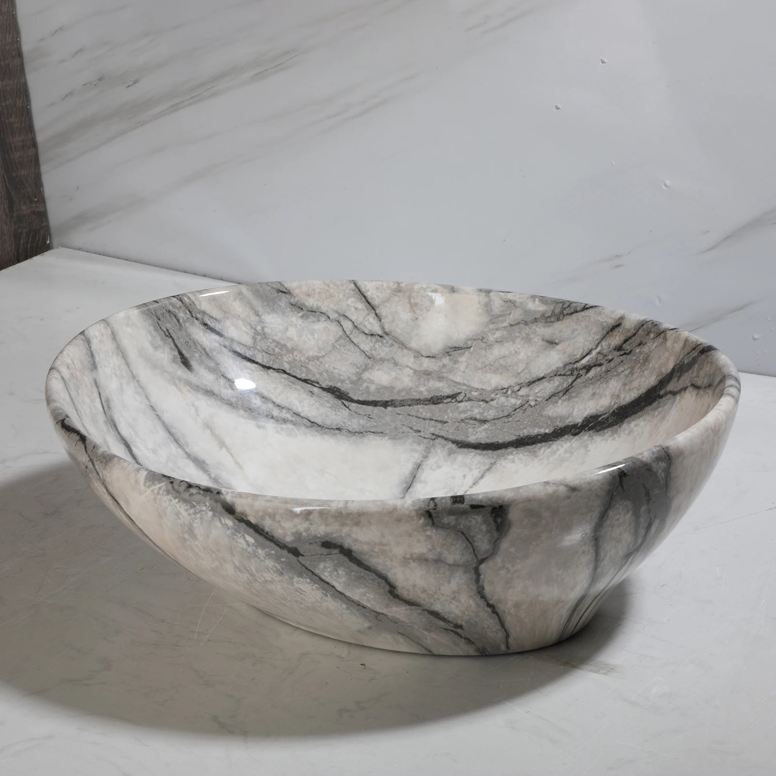 ZAPPO Artistic Marble Pattern Ceramic Sink Set, Black Matte Faucet Combo, Modern Bathroom Above-Counter Basin.