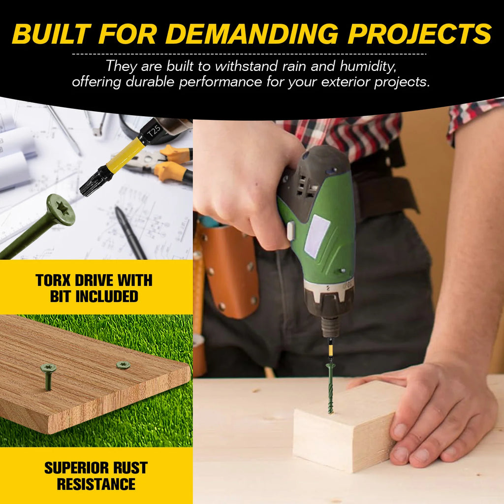 VKKM 150Pcs #8x2" Green Wood Screws Kit, T25 Star Drive Self-Tapping with 50mm Free Bit, All-Climate Anti-Rust – Great for Indoor & Outdoor Projects (Shelves, Framing, Repairs)