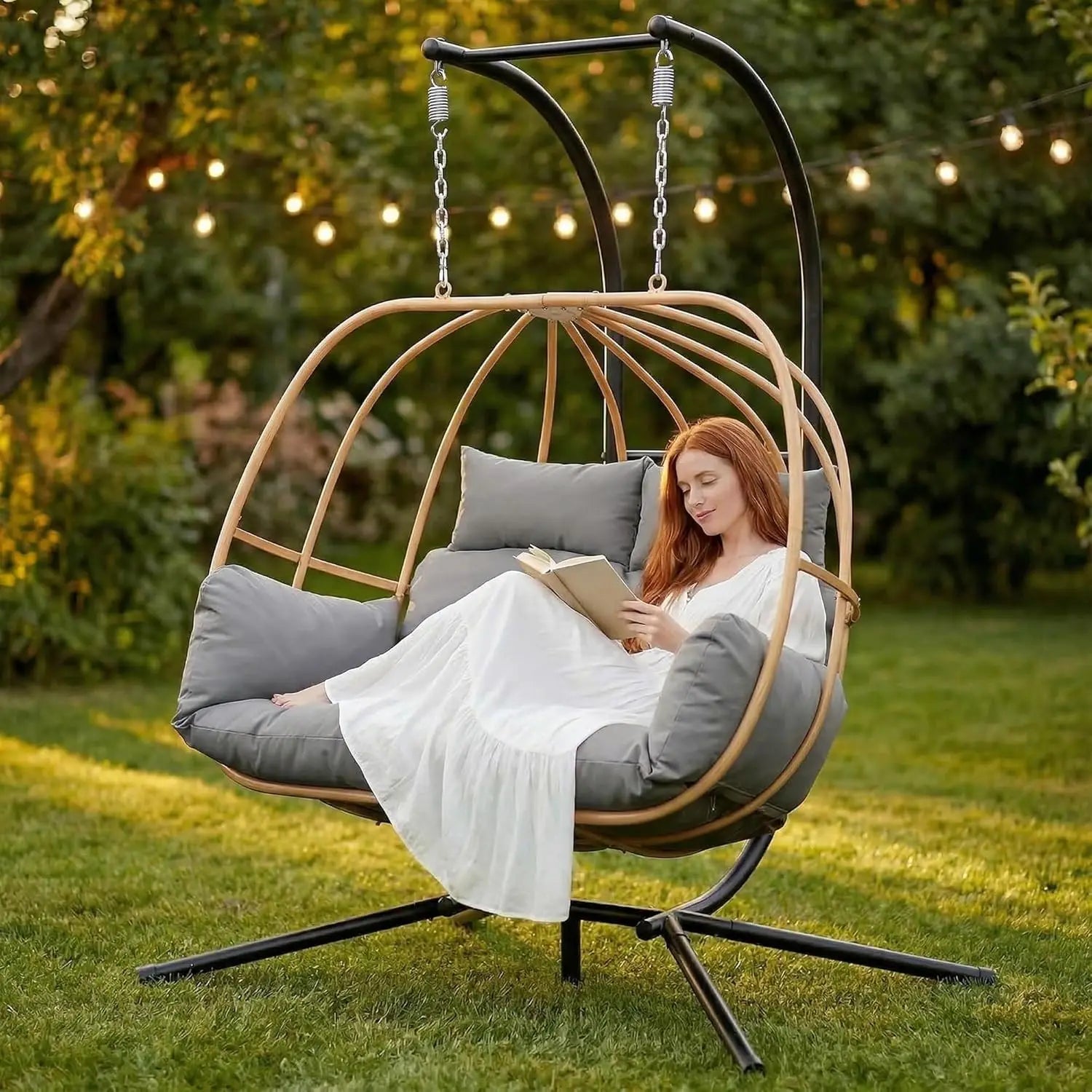 Double Egg Hanging Swing Chair with Stand Cushions Headrest 80"H Metal Basket for Indoor Outdoor Patio Deck Brown, Customized