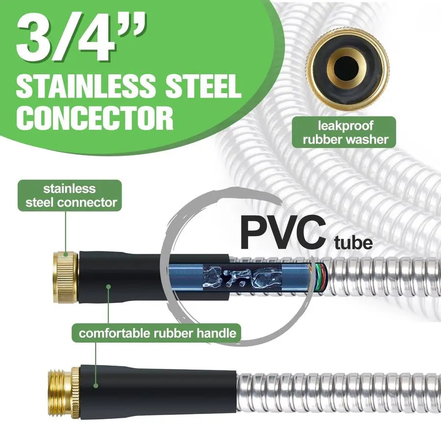 100ft Stainless Steel Water Hose, Brass Fittings, Sprayer Nozzle, No Kink, Rust Proof