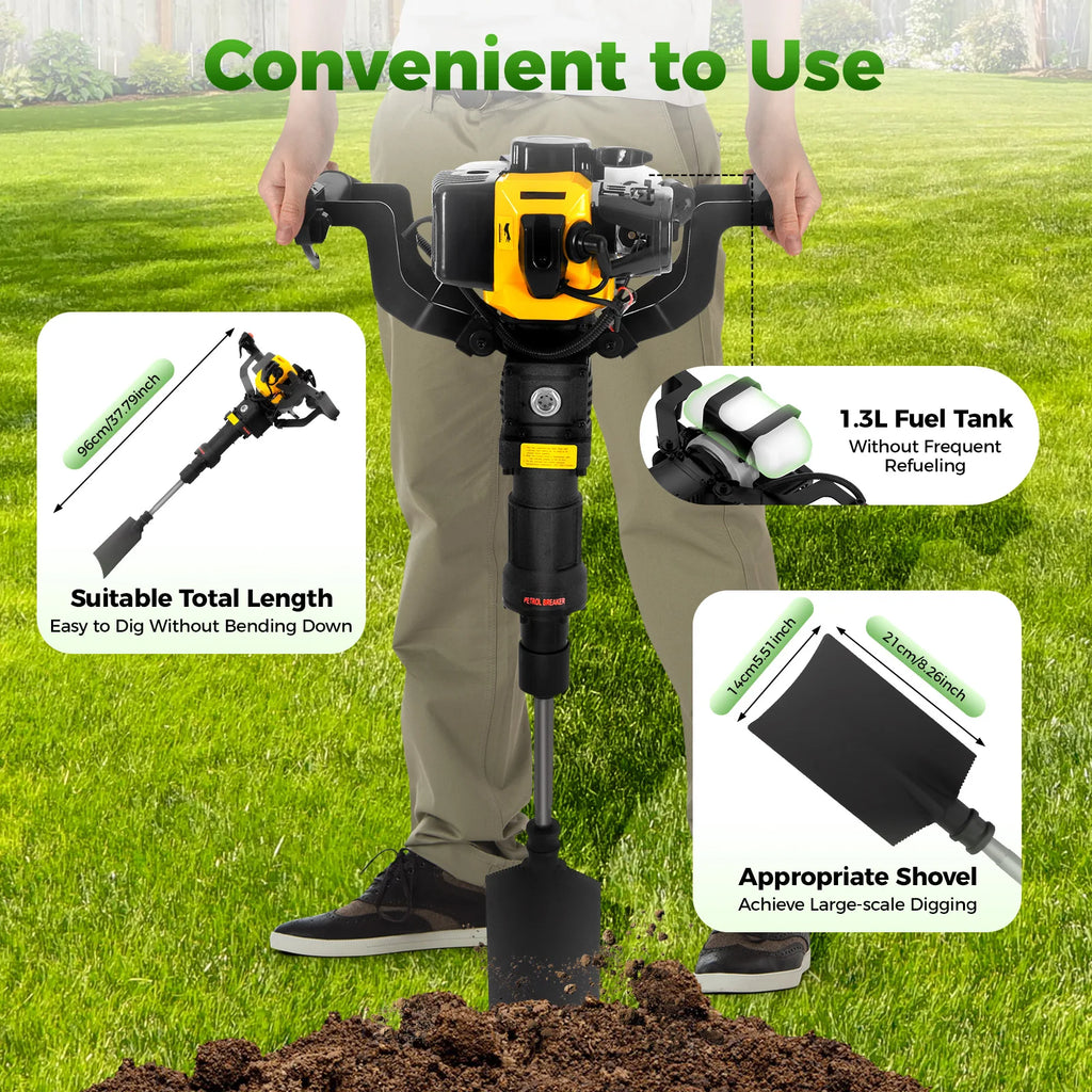 1250W Portable Tree Digger 33CC 2-Stroke Gas Powered Manual Starting Air-Cooled Digging Machine Hand-held Digger for Garden 52CC