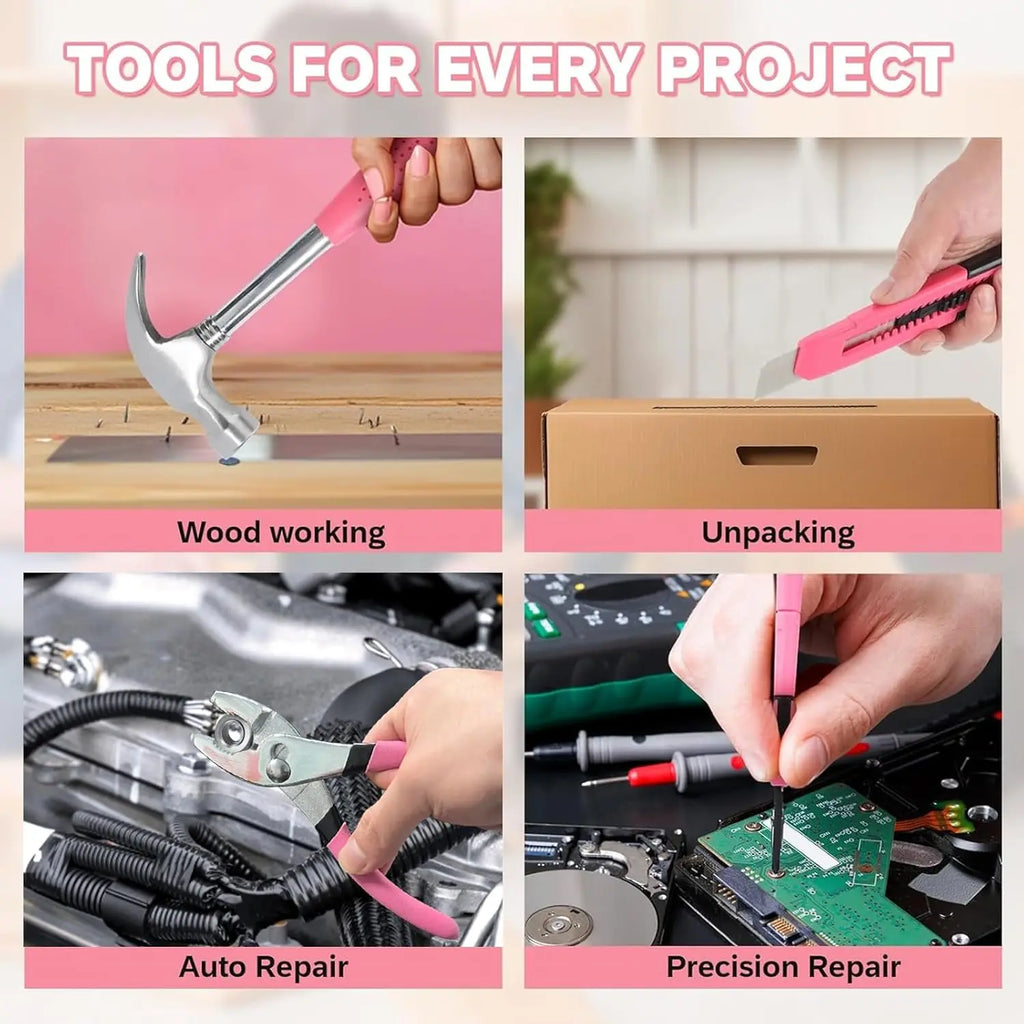 39 Pcs All Purpose Basic Household Pink Tool Kit for Women - Small Tool Set with Toolbox Great for Home, Garage, Office and College Dormitory Use