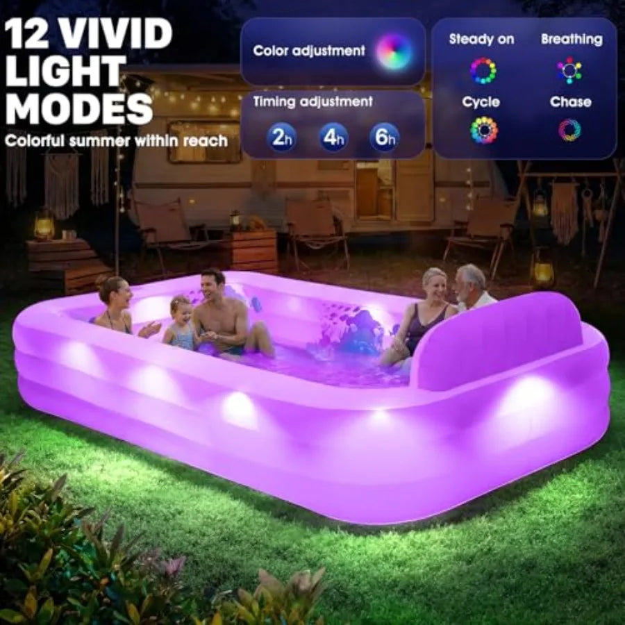 AlxPool Extra Large Inflatable Pool with Lights PVC Blue Solar-Powered LED Lighting Built-in Seat/Backrest for Backyard Use 120"x73"x20"