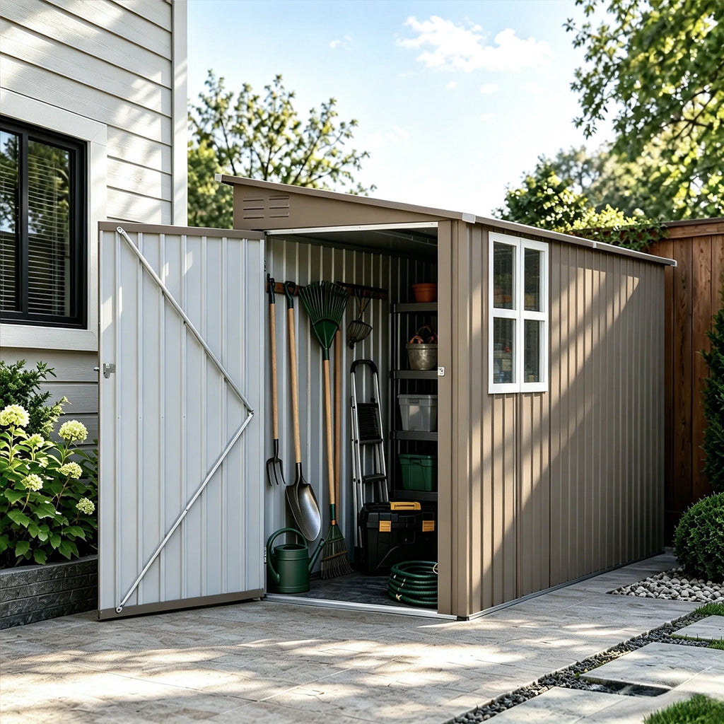 4x9FT Olive Grey Metal Storage Shed, Galvanized Steel Tool House with Window & Thick Frame, Outdoor Garden Equipment Organizer for Backyard