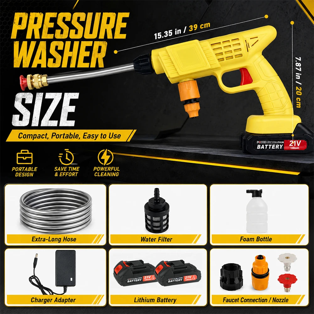 Cordless High-Pressure Car Cleaning Gun, Cordless High-Pressure Spray Washer — A Courtyard/Garden Irrigation Tool, Comes With A Battery, Foam Cannon, and Long Hose