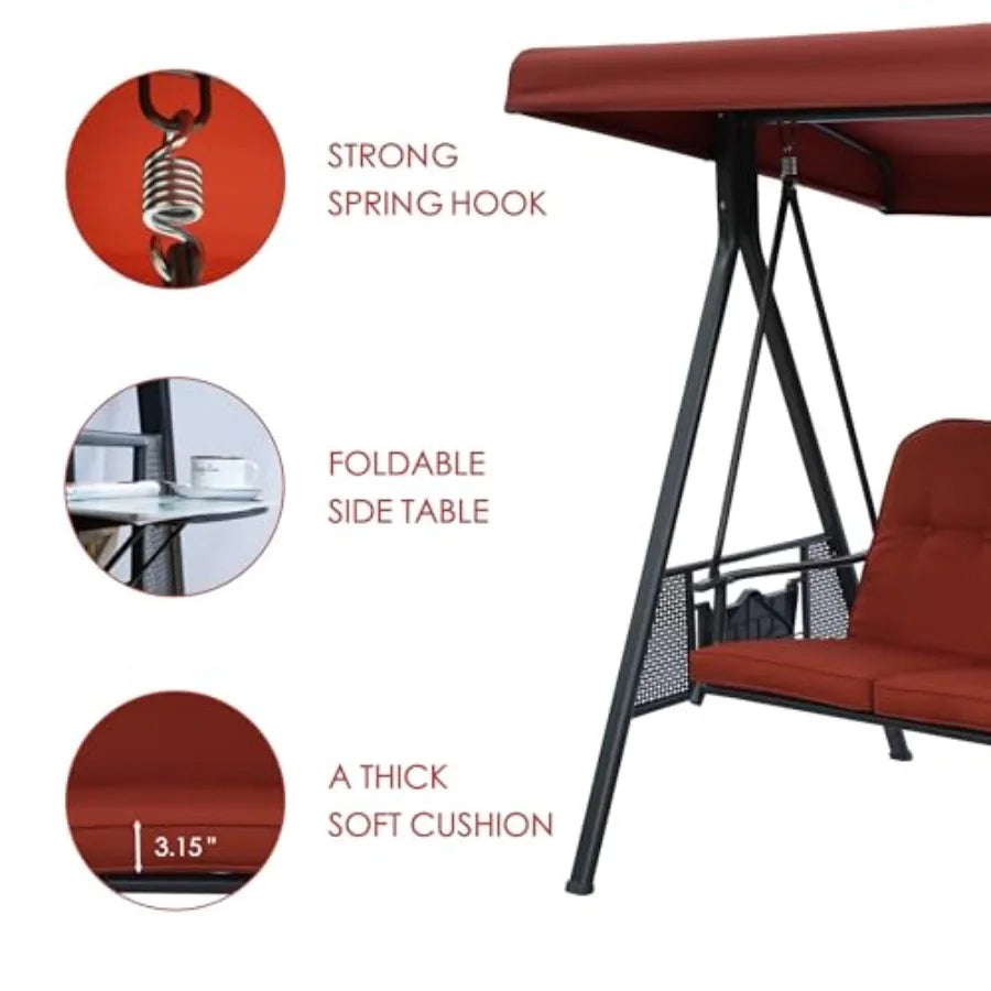 Herbert Deluxe 3-Seat Patio Porch Swing Chair with Stand, Adjustable Canopy, Outdoor Freestanding Swing Chair for Backyard, Pool