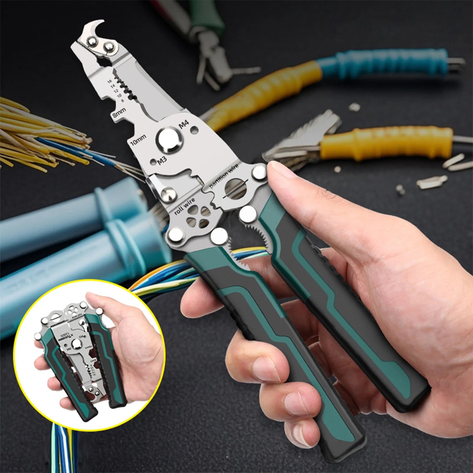 Electrician Wire Cutter Multi Function Folding Cable Stripping Pliers for Wiring Cutting Crimping Handheld Tools Professional