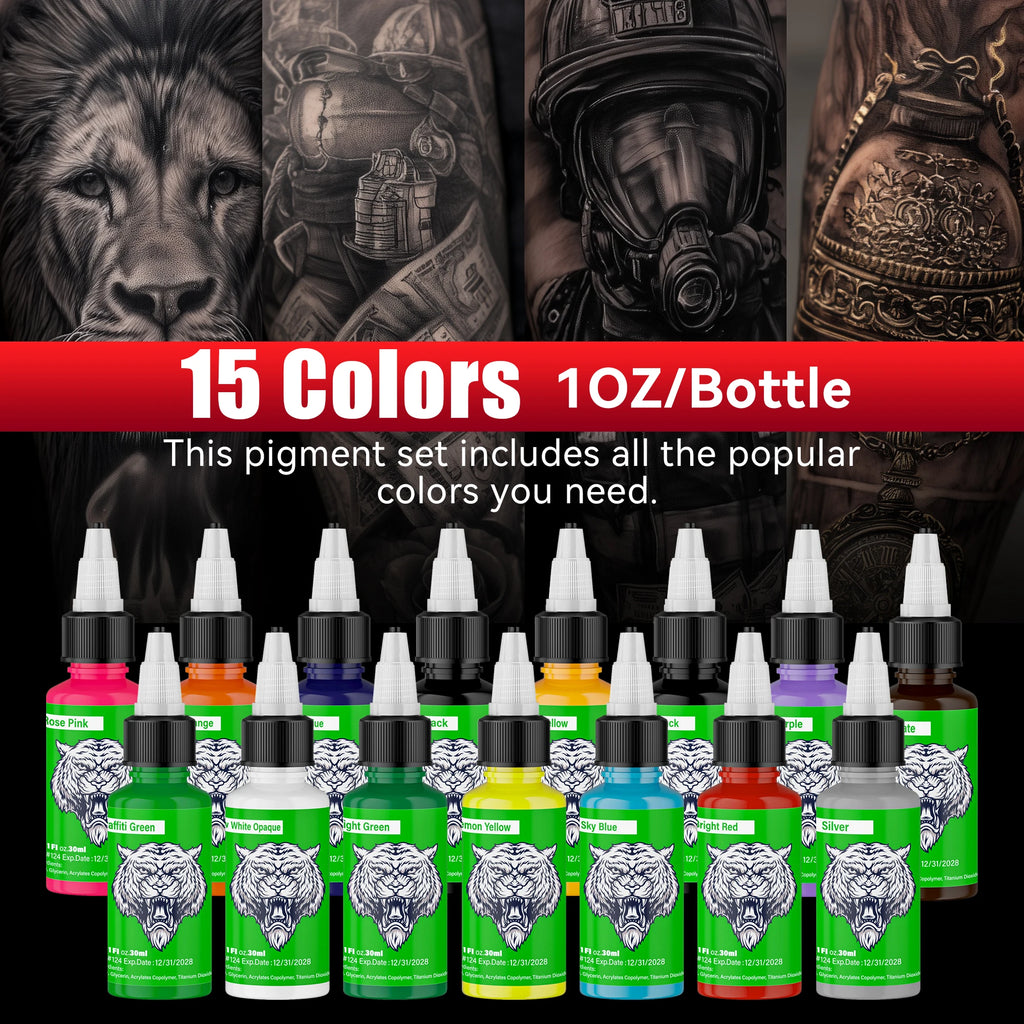DM 30ml Tattoo Ink, 15 Colors, Natural Plant Extract Pigment Tattoo Paint, Long Lasting No Color Loss Professional Tattoo Ink
