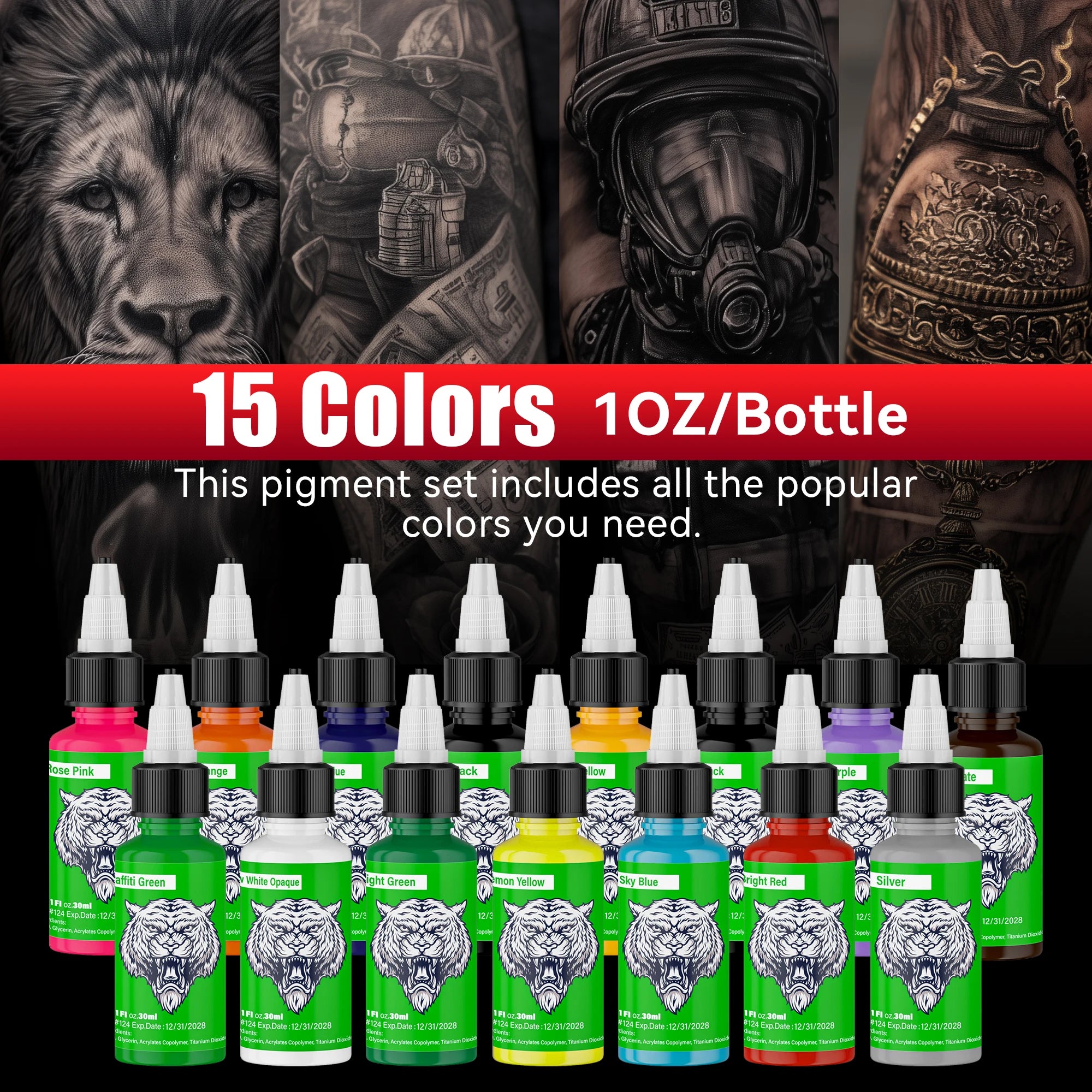 DM 30ml Tattoo Ink, 15 Colors, Natural Plant Extract Pigment Tattoo Paint, Long Lasting No Color Loss Professional Tattoo Ink
