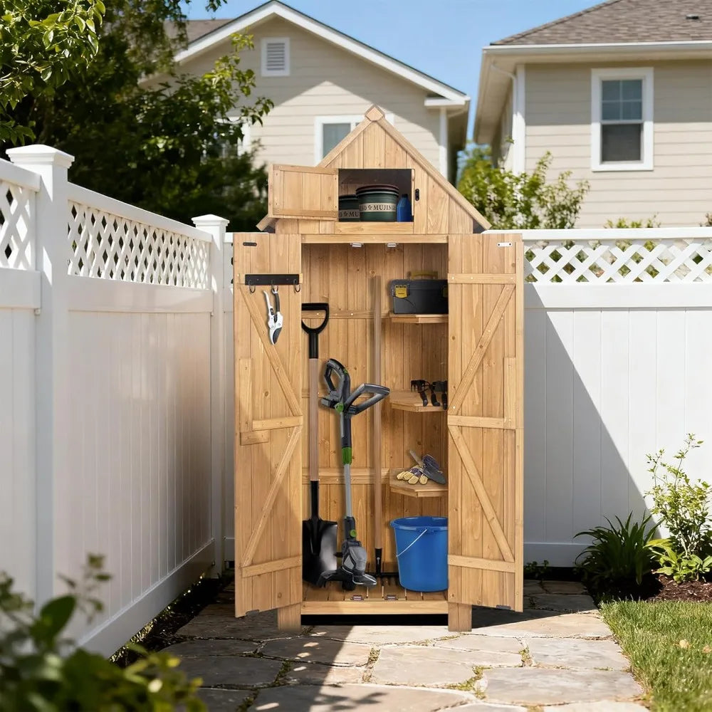 Wooden Outdoor Storage Shed, 70" Tall Double Doors Lockable Waterproof for Garden Backyard