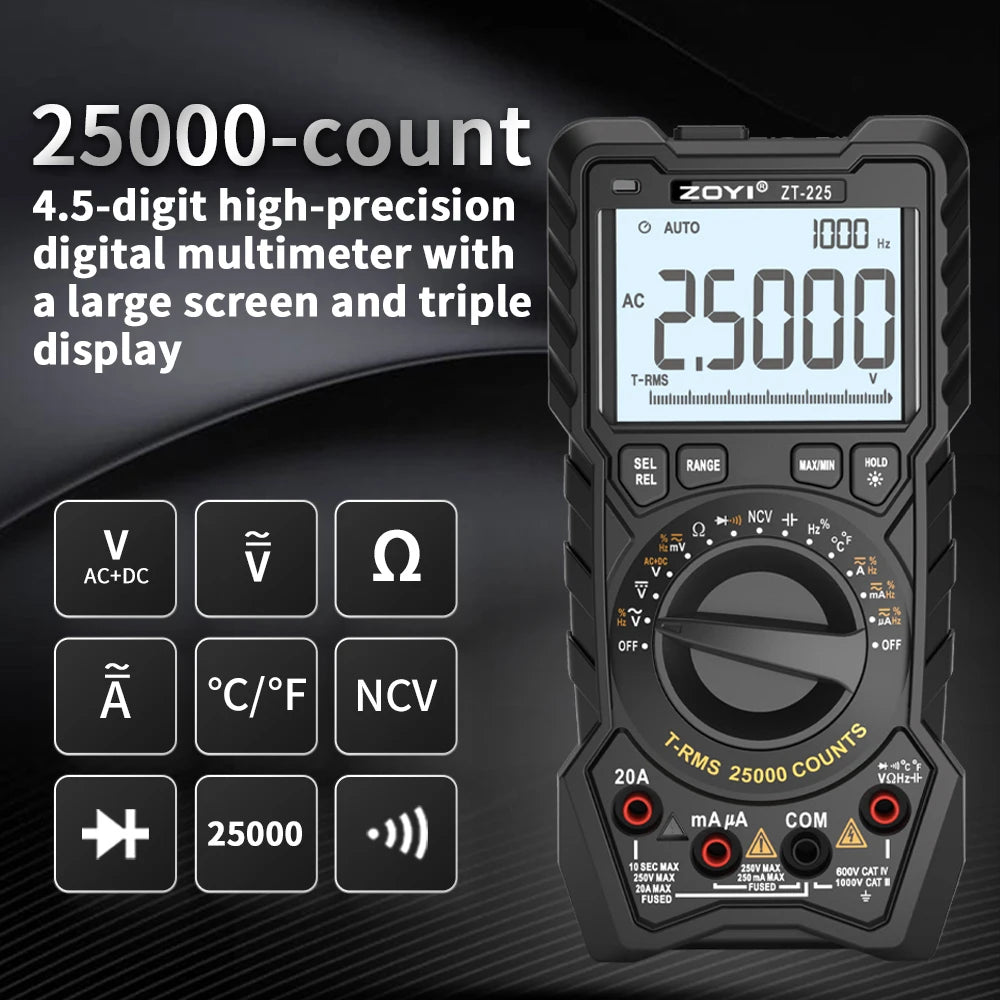 ZOYI ZT-225 4.5-digit high-precision fully automatic multimeter with intelligent burn-out protection for electricians