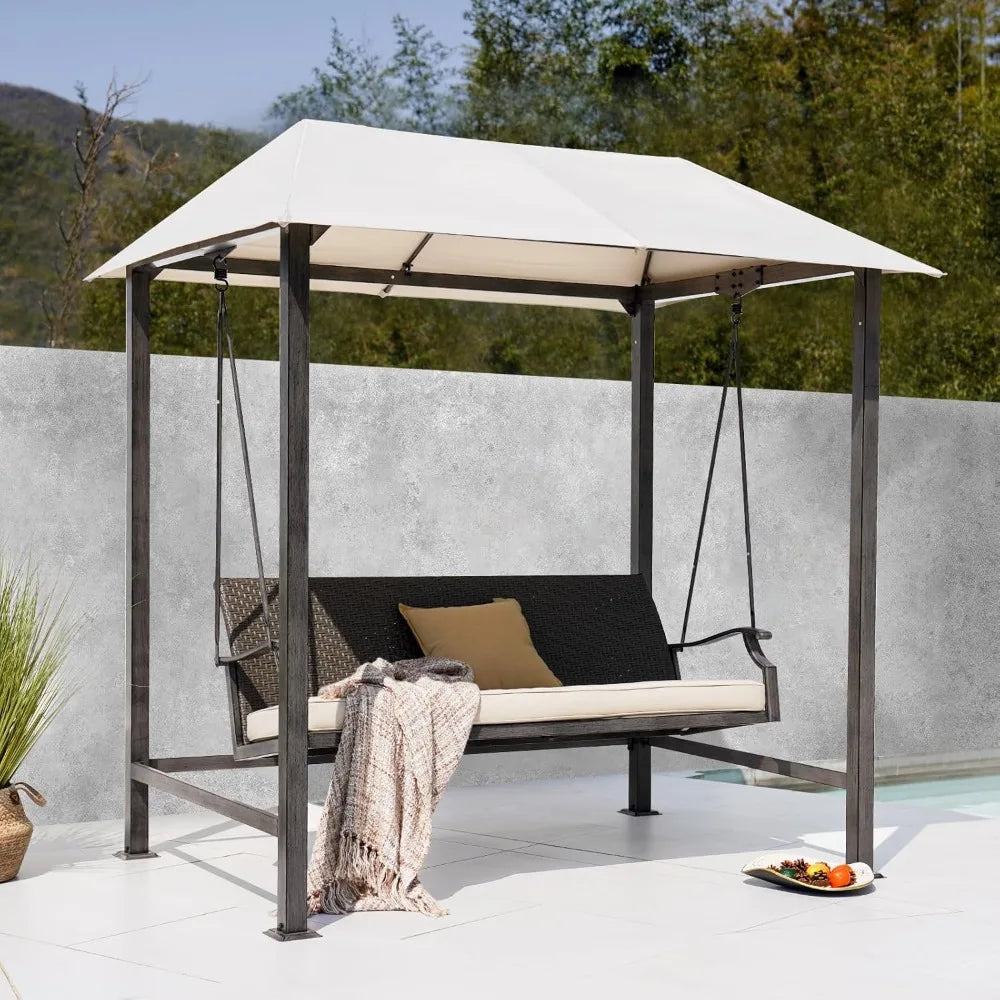 Grand Patio 3-Seat Patio Swing Chair, Outdoor Porch Swing with Canopy, Removable Cushion for Patio Garden Poolside, Beige