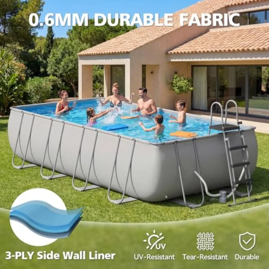 Backyard rectangular above ground pool set, Swimming pool w/steel frame with gray PVC liner, 18' x 9' x 47, includes removable ladder and filter