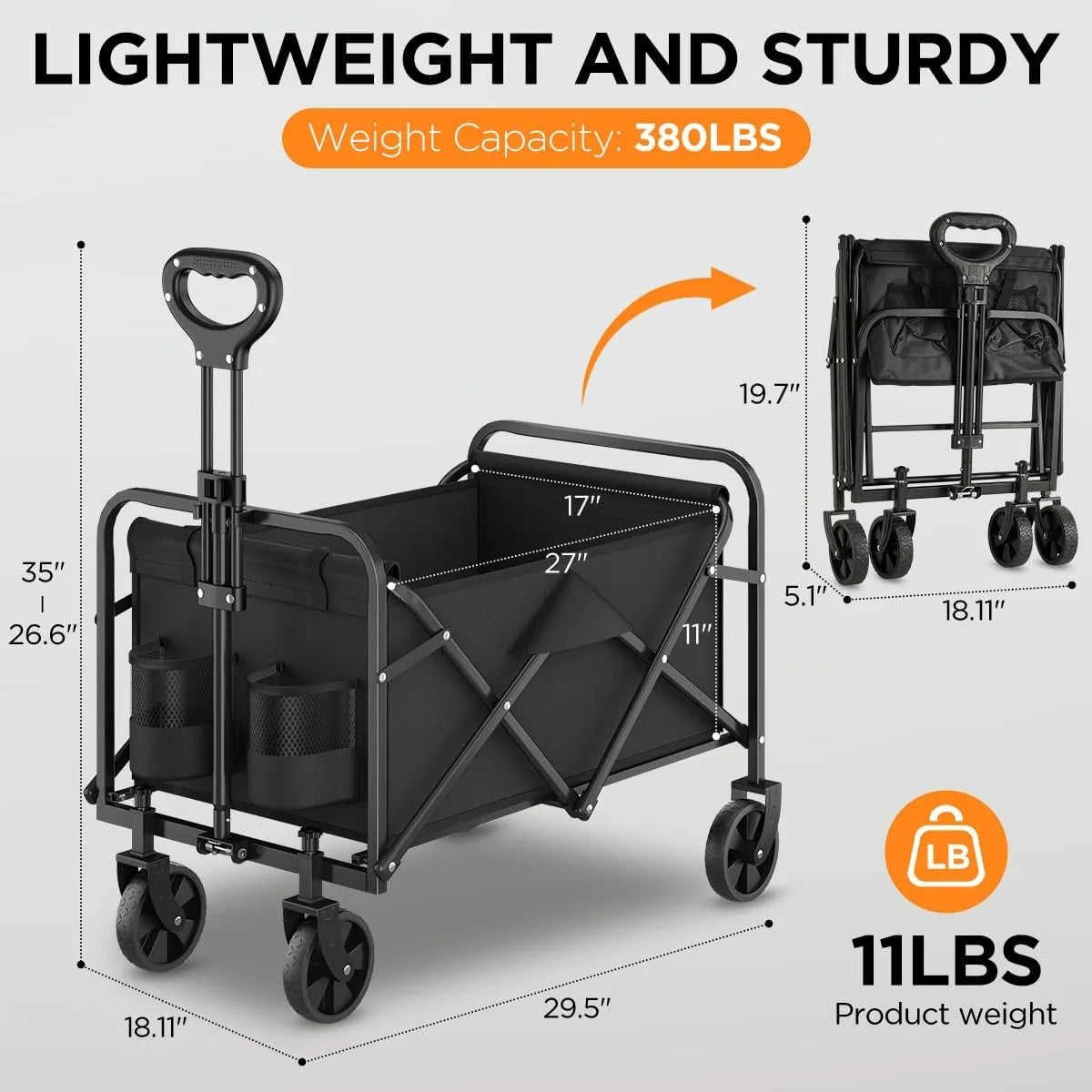 380LBS Capacity Folding Garden Wagon, Heavy Duty Utility Cart with Adjustable Handle, Portable All-Terrain Outdoor Camping Grocery Canvas Cart In Red, Blue or Black.