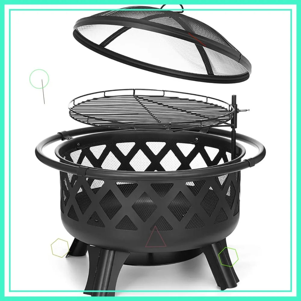 30 Inch Fire Pit with Swivel, BBQ Grill, Wood Burning Steel Firepit, for Patio Garden Camping