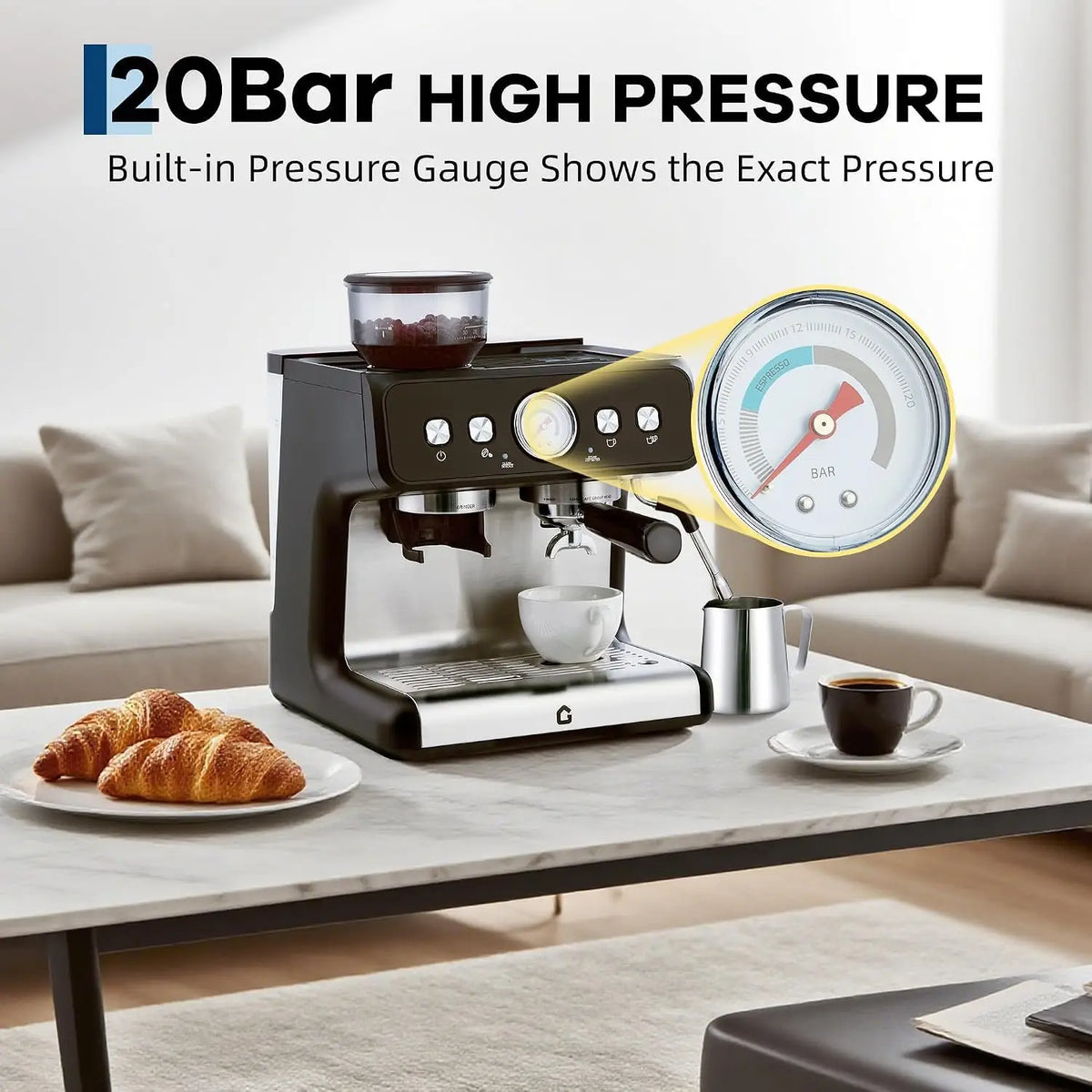 HiMiss Espresso Machine With Grinder 20 Bar Stainless Steel Pressure Maker Featuring Removable 2.8L Water Tank Adjustable Shot Volume Professional For Home Barista And Office