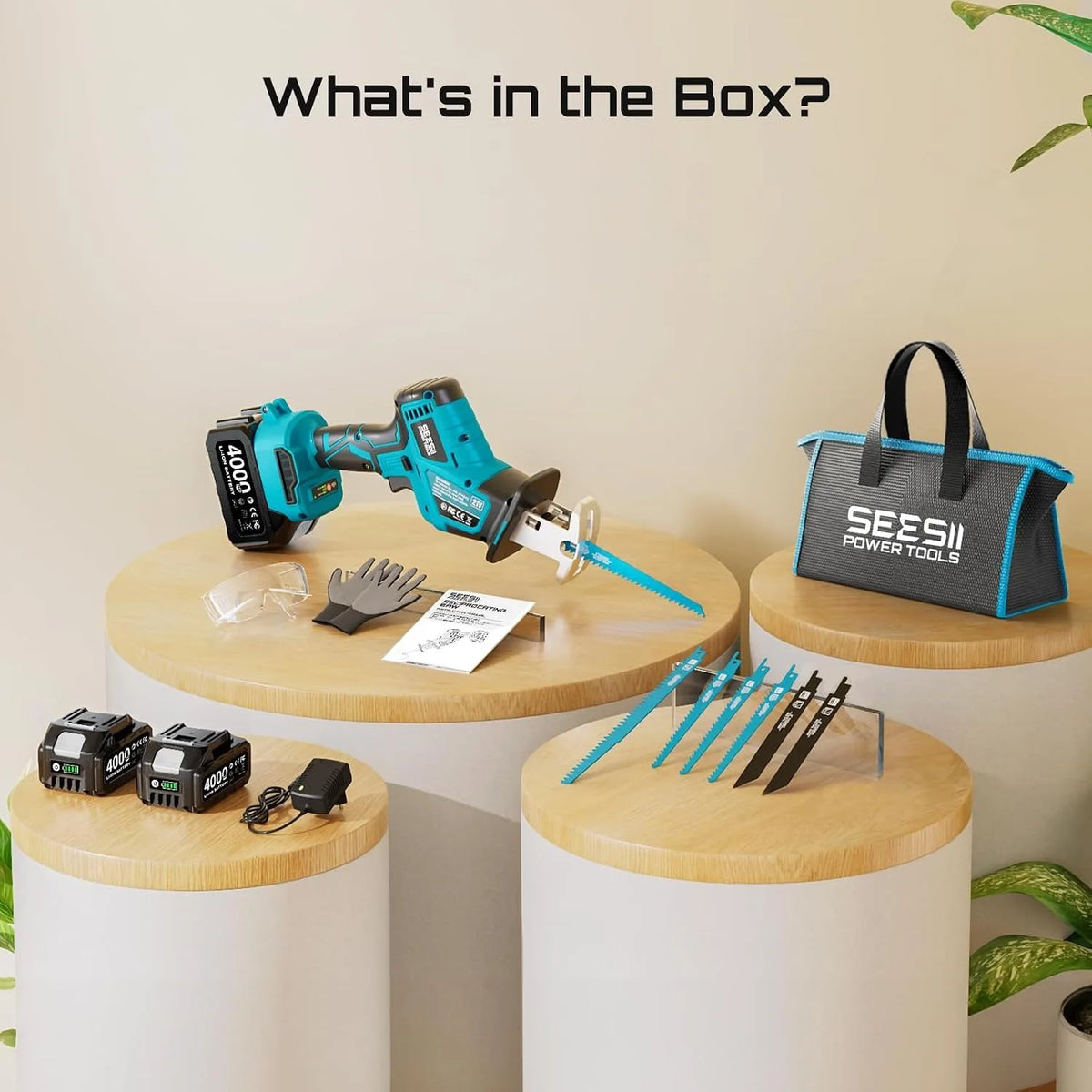 SEESII Cordless Reciprocating Saw, Variable Speed, 3500 RPM Brushless Motor, Portable Saw with 6 Saw Blades, 2 x 4.0Ah Batteries, For Wood & PVC Cutting