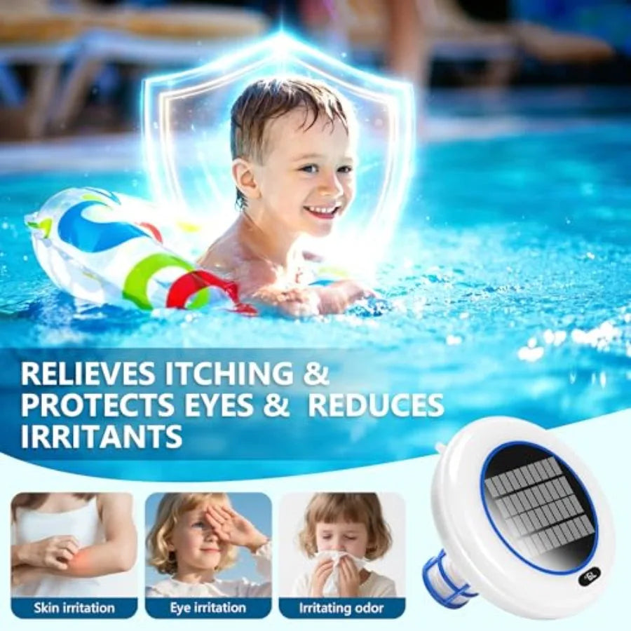 Solar Powered Pool Ionizer for Above Ground Inground Pools, Copper Rod Filter Accessories, Blue, Temperature Display 20-Hour Ru