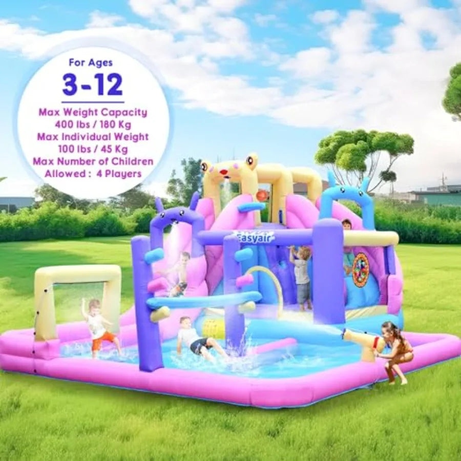 Yao Hui Huang Backyard inflatable bounce house water slide combo: PVC blue/pink/purple/yellow includes climbing wall, basketball hoop, splash pool, water cannon and blower