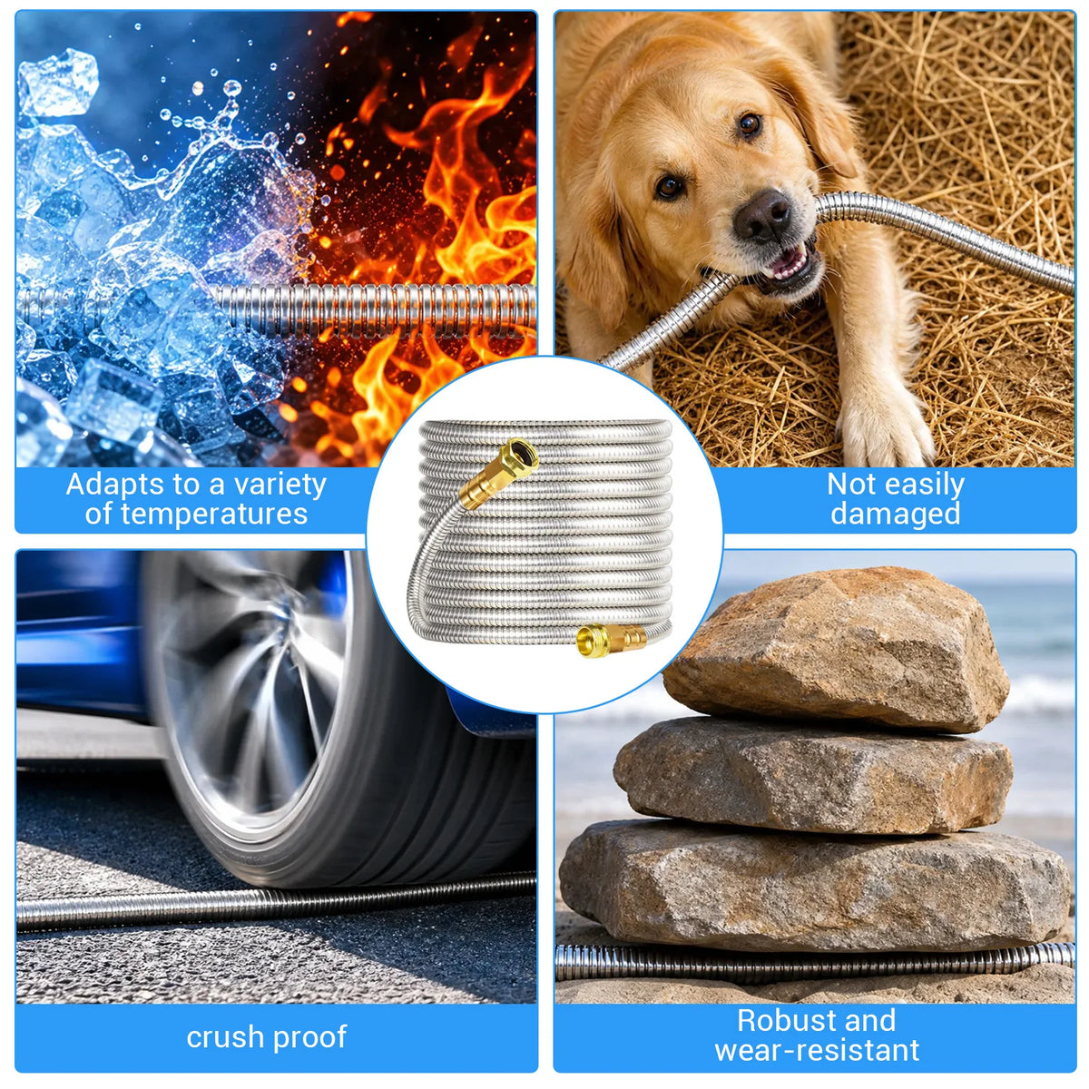 HiMiss Heavy Duty Stainless Steel Garden Hose – Flexible Metal Water Hose – Kink Proof & Anti-Kink – Adjustable Brass Nozzle, Perfect for Lawn, Car Wash, Outdoor Irrigation, 25FT,50FT,100FT