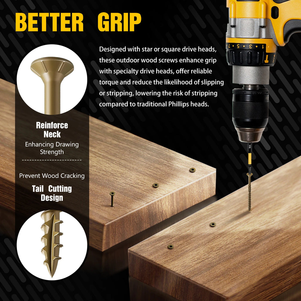 VKKM 200Pcs #8 Torx Wood Screws Kit, Star Drive Self Tapping Outdoor Deck Screws, Heavy Duty All Weather Rust Resistant with Bit for Home DIY