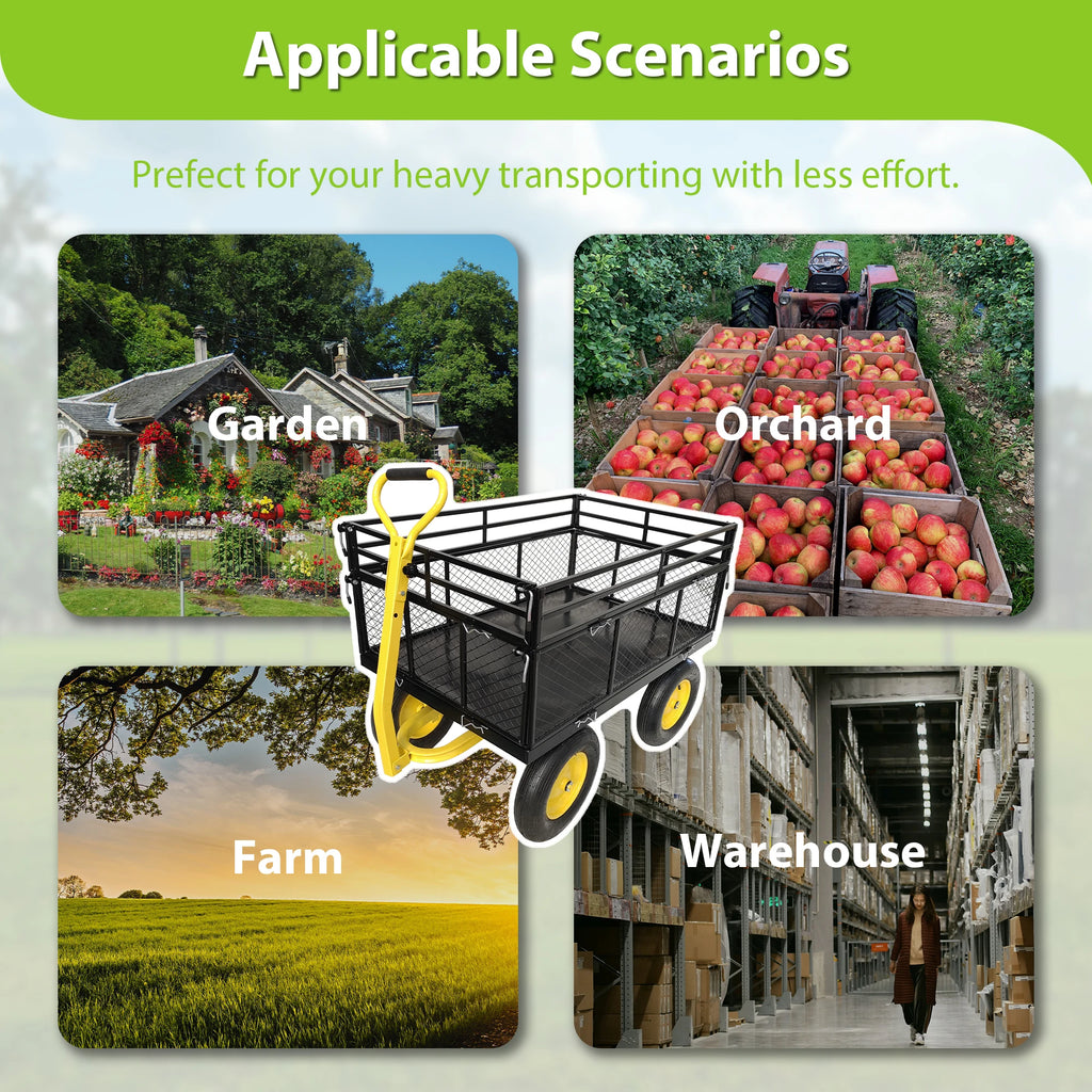 1400 lbs Heavy Duty Steel Garden Utility Cart Wagon Removable Mesh Sides Flatbed 2 in 1 Handle 16 Inch Wheels Yard Farm