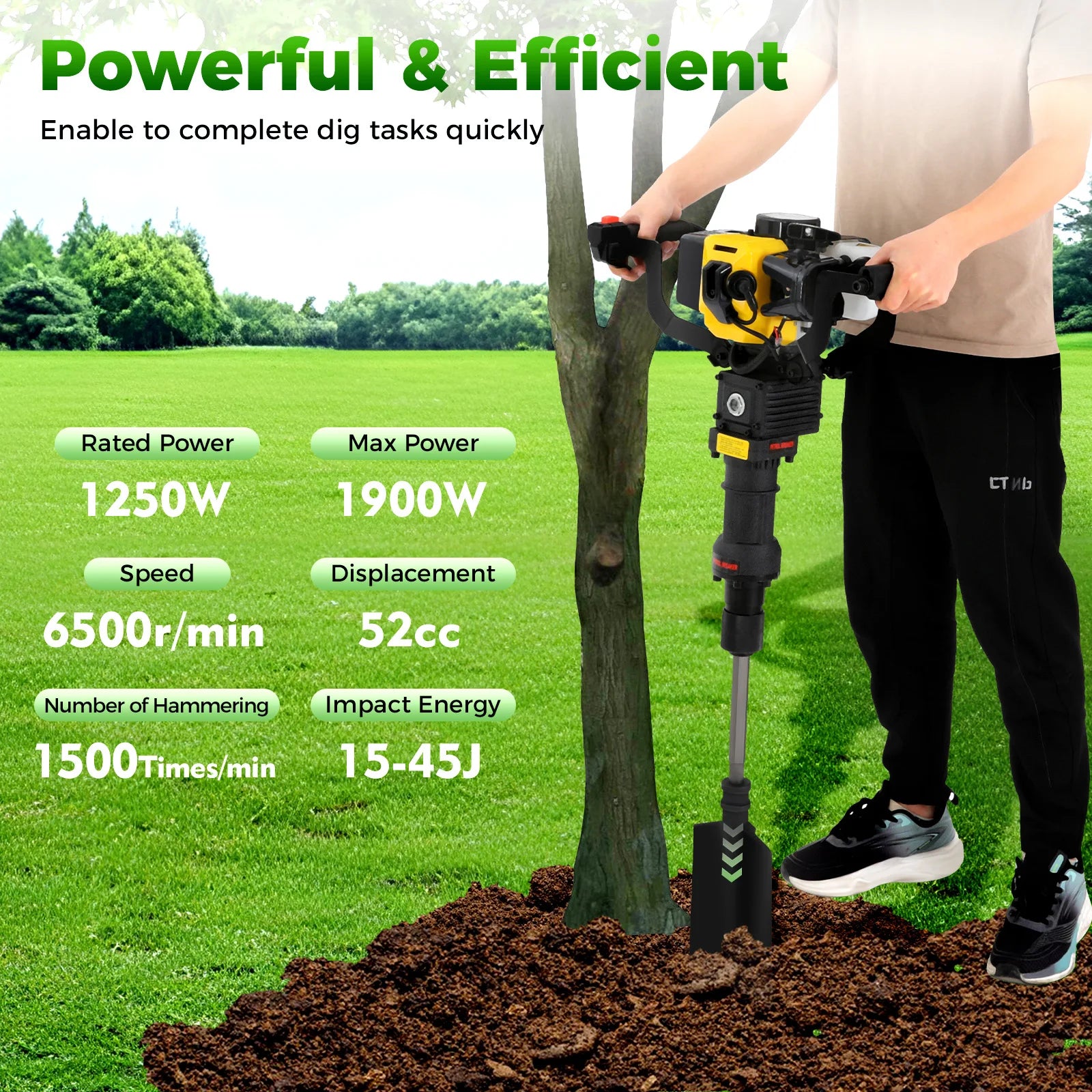 1250W Portable Tree Digger 33CC 2-Stroke Gas Powered Manual Starting Air-Cooled Digging Machine Hand-held Digger for Garden 52CC