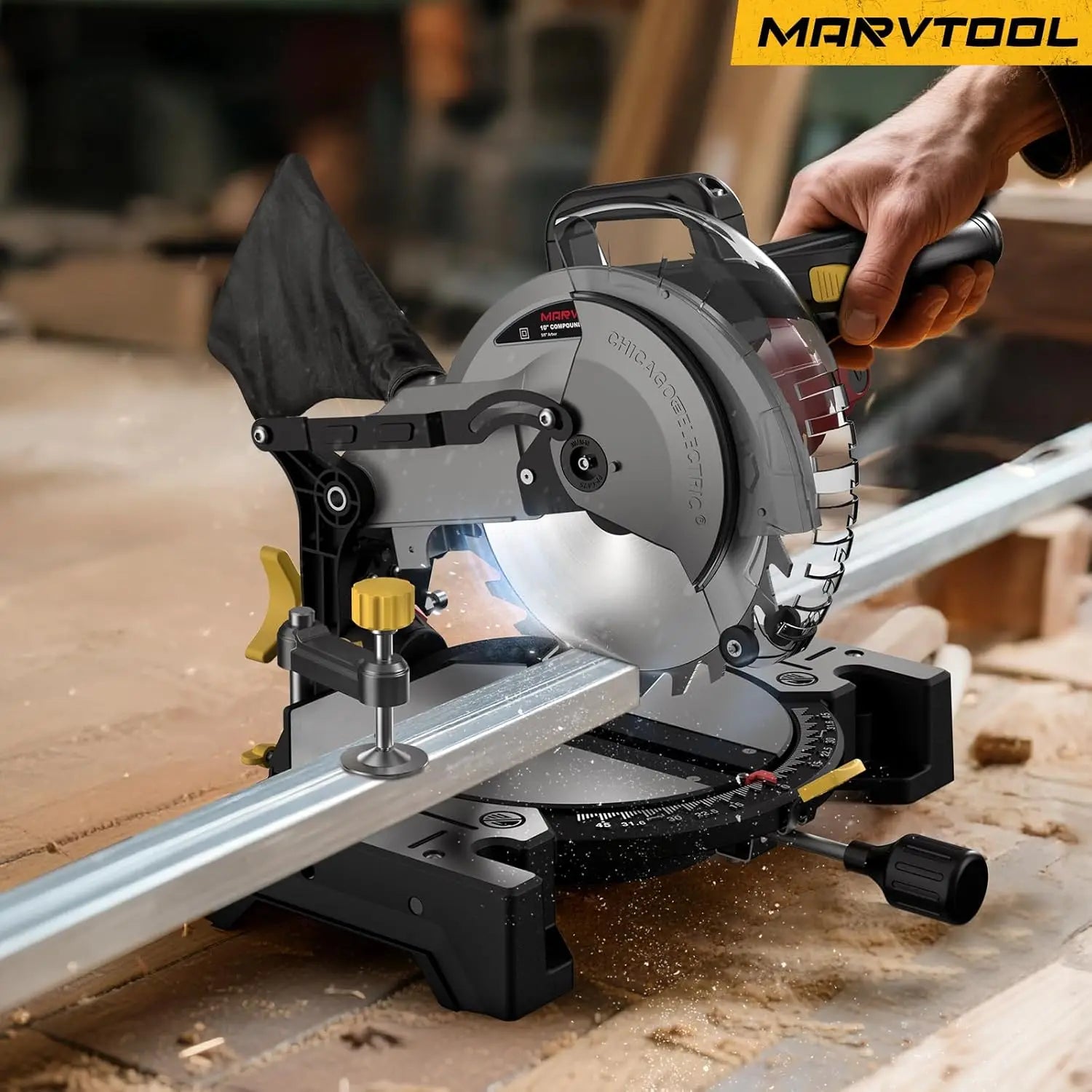 Compound Miter Saw Single Bevel 0°-45° Left Miter 15-Amp 5000 RPM 36-Tooth Blade Precision Angles Metal, Wood Cuttng Machine