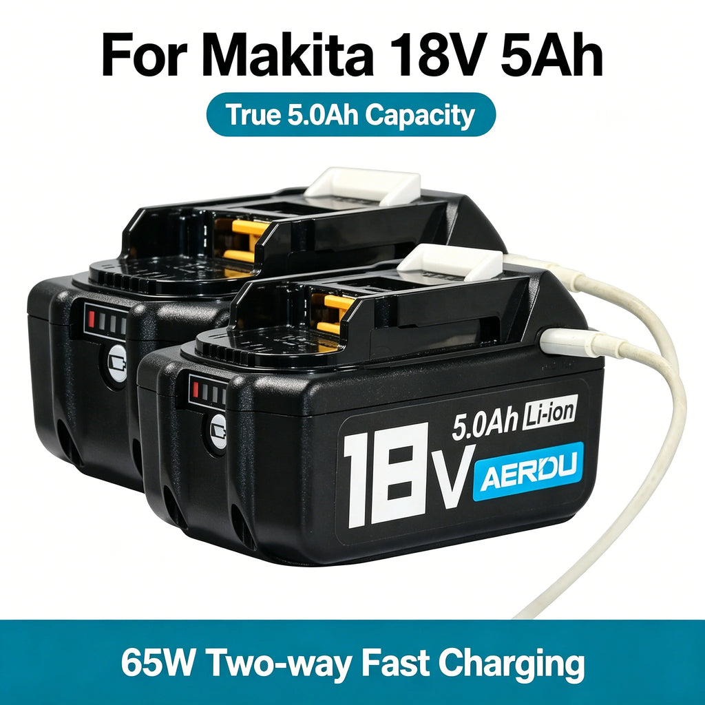 2PCS 5.0Ah Lithium-Ion Battery for Makita 20V MAX Cordless Power Tools USB-C PD64W Bidirectional Fast Charging Compatible