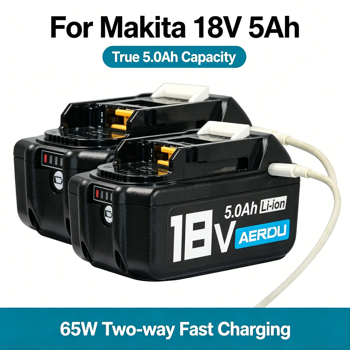 2PCS 5.0Ah Lithium-Ion Battery for Makita 20V MAX Cordless Power Tools USB-C PD64W Bidirectional Fast Charging Compatible