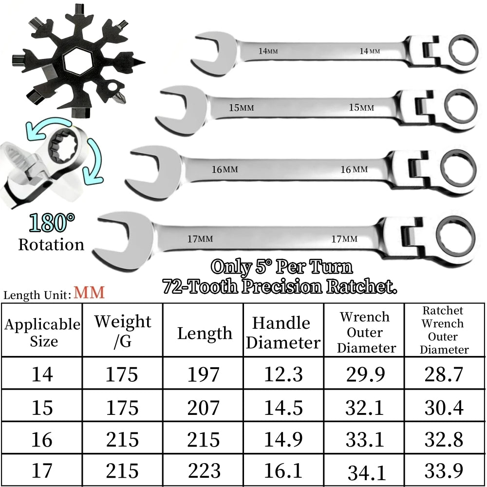 Flexible Ratcheting Combination Wrench Set, 6-17mm Metric Key Wrench Ratchet Spanner Metric Hand Tool Sets, Car Repair Tools
