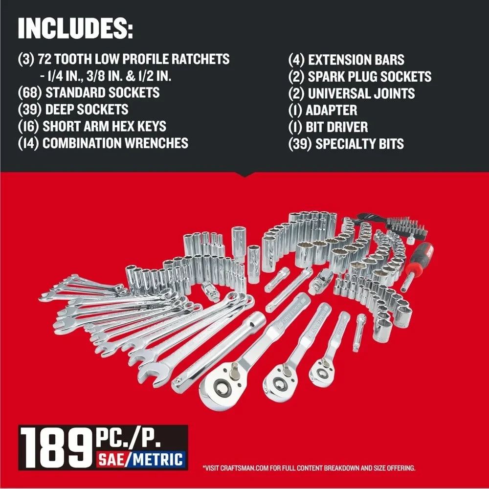 189 Piece Complete Mechanic Tool Set with Ratchet Sockets Wrenches Hex Keys Deep Sockets Bits Metric and SAE