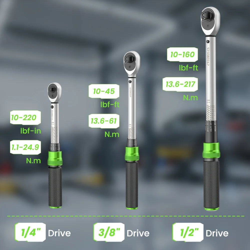 TaskStar 1/4" & 3/8" & 1/2" Drive Click Torque Wrench Kit 8pcs ±3% Accuracy 72 Tooth Dual Scale Ratchet Wrench for Bike/Moto Repair