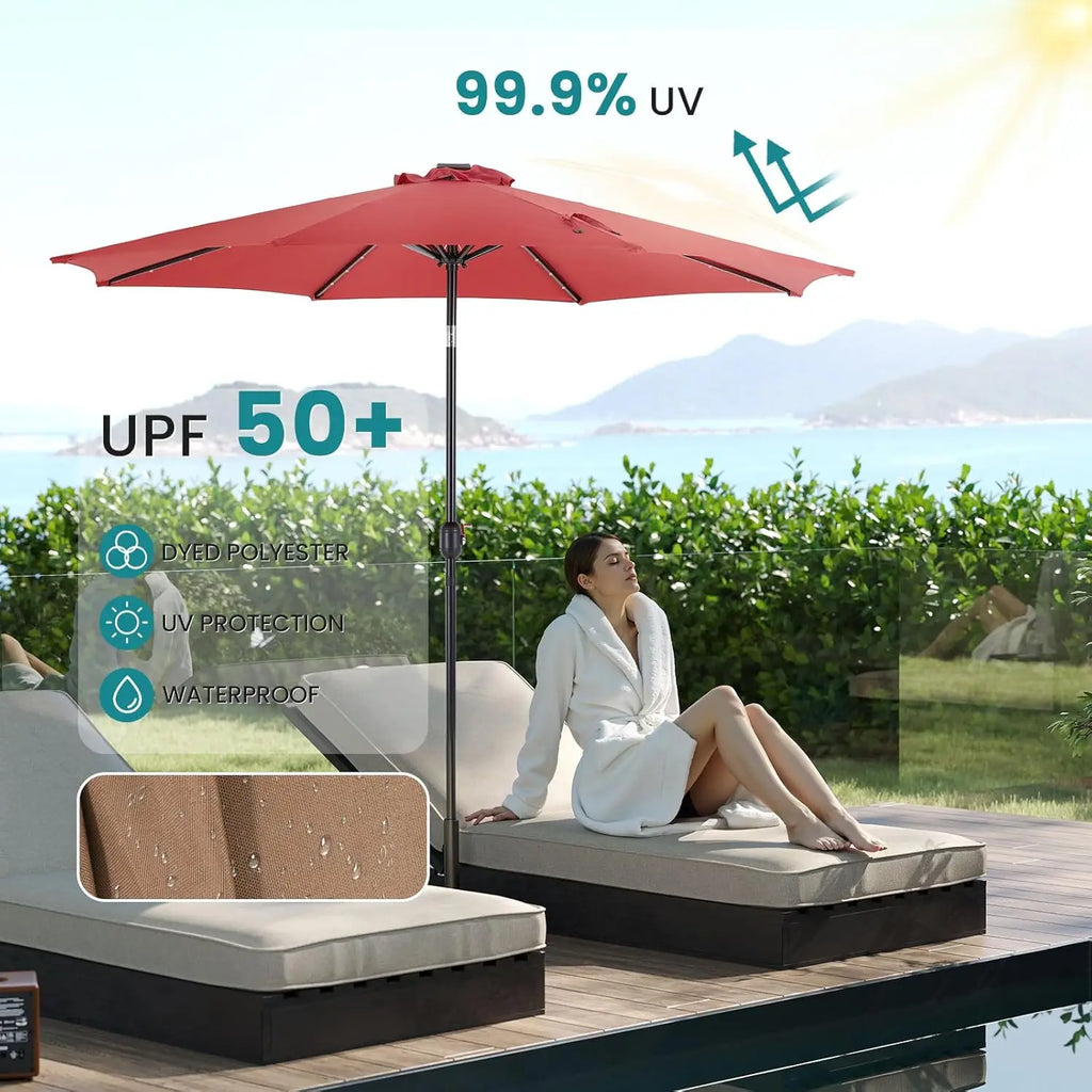 10FT Solar Patio Umbrella with 32 LED Lights, Tilt & Crank, Waterproof