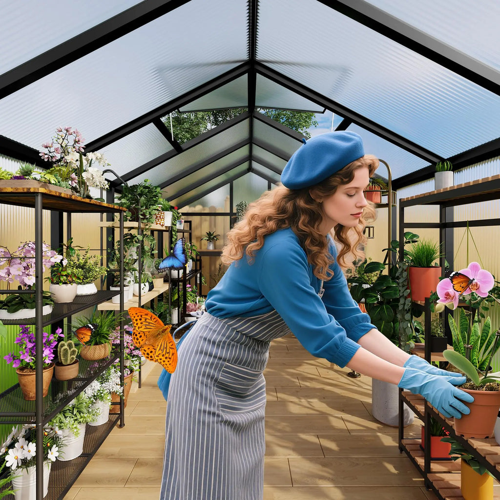 HiMiss 6x10 FT Polycarbonate Greenhouse For Outdoors, Aluminum Walk-In Greenhouse With Roof Vent & Lockable Door For Garden Backyard