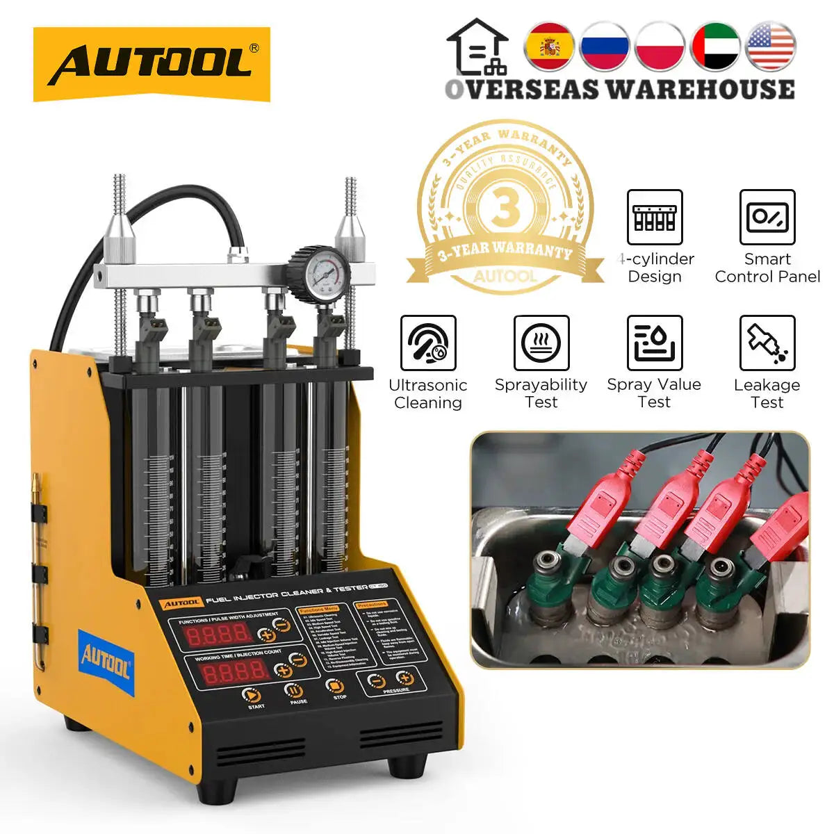 AUTOOL CT150 Ultrasonic Fuel Injector Cleaner & Tester Machine,4‑Cylinder Simultaneous Test & Clean,28KHz,110V with Drain Valve,for Petrol Car Motorcycle Fuel Injector Maintenance