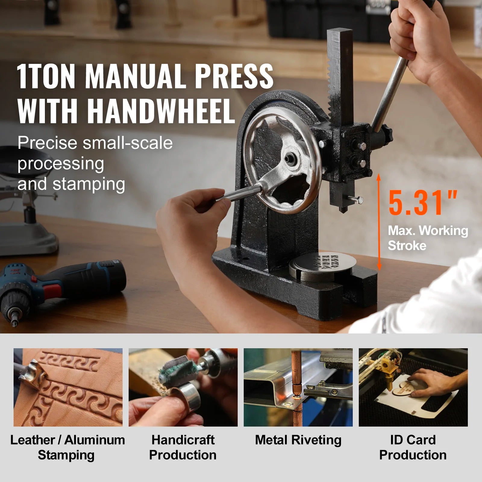 1 Ton Manual Arbor Press with Handwheel, Cast Iron, Heavy-duty, Tabletop