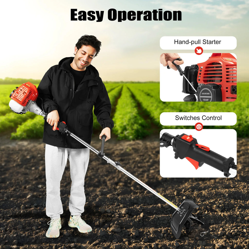 51.7cc Mini Gas Cultivator Cordless Garden Tiller 1.45kW 9 Inch Tilling Width 3.5 Inch Depth with 76.6in Long Pole for Soil Weeding
