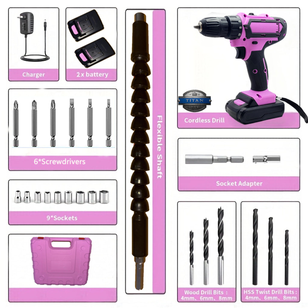 TITANTOUR 24-Piece Set Brushless Industrial Drill Kit 21V Dual Lithium (2×1200mAh) 18+1 Precision Torque 10mm Metal Lock Chuck for Steel